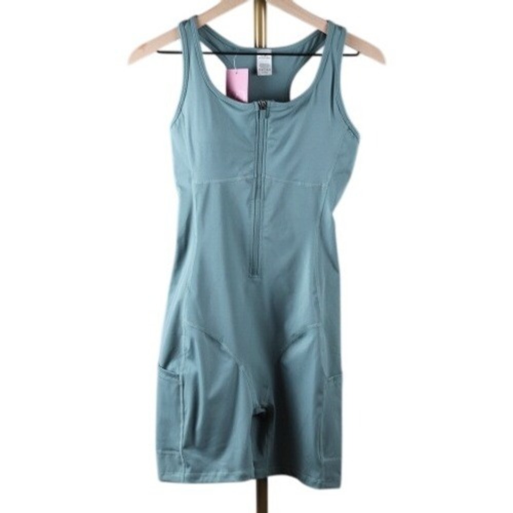 She's Waisted Zip Front Activewear Romper Bodysuit Teal Blue Racerback Pockets